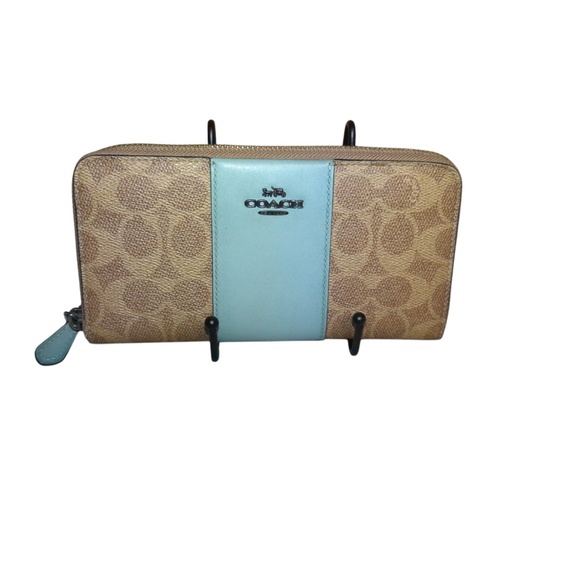Coach Handbags - Coach Zip Around Wallet Light Blue Trim Signature Canvas GUC